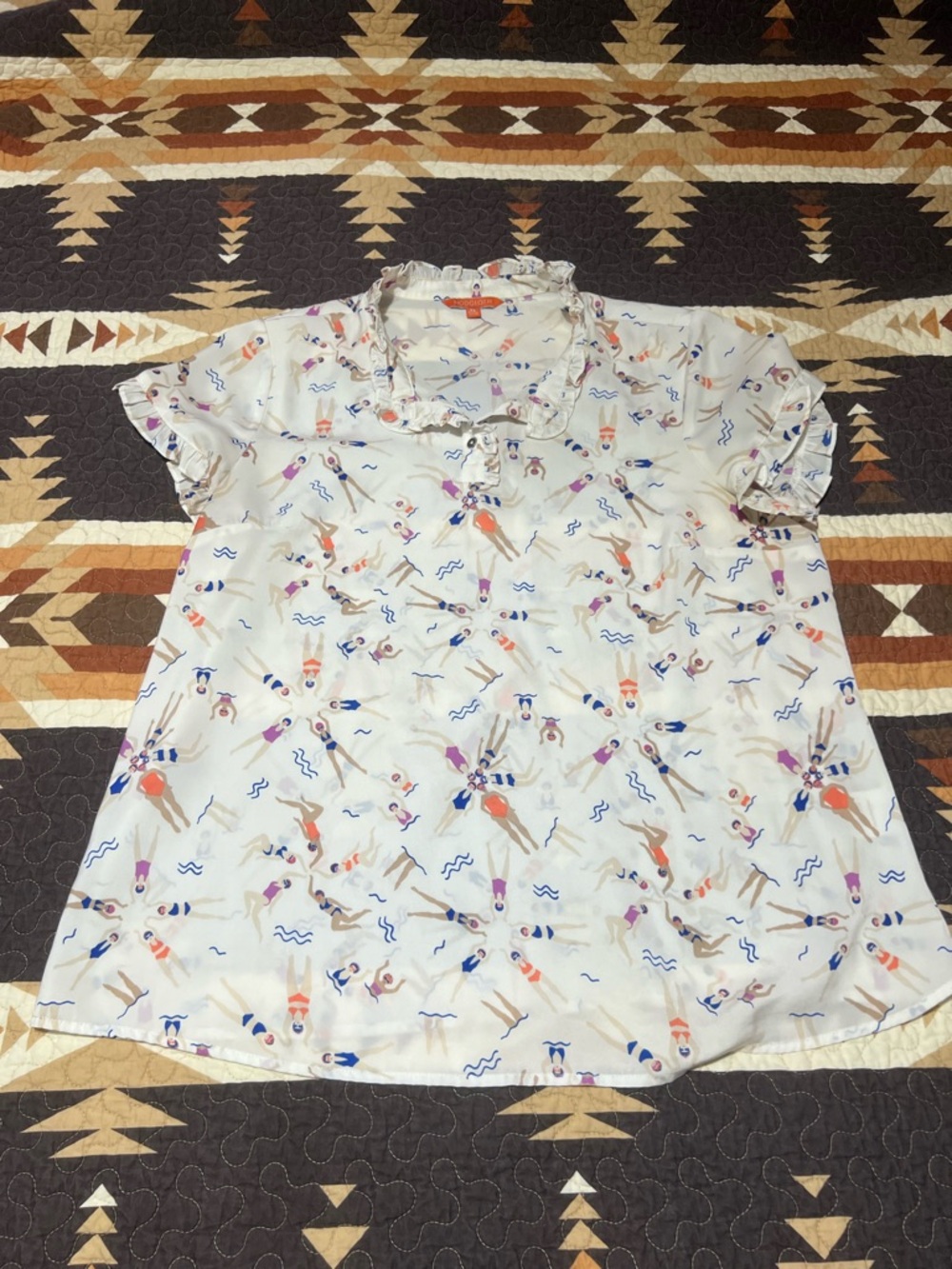 Modcloth White Blouse with Multicolor Swimmer Print